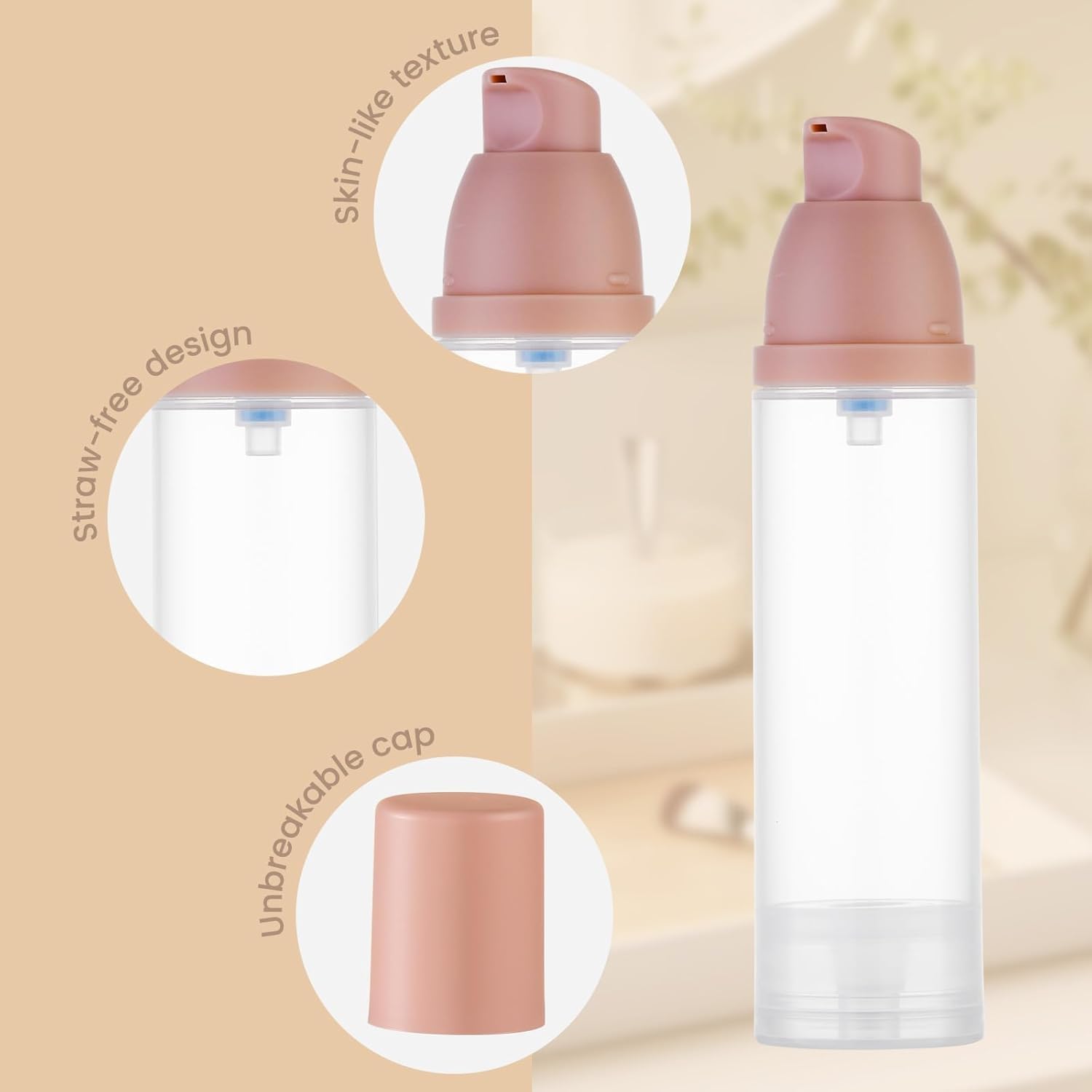 Lulupack Travel Pump Bottle for Lotion - Airless Pump Container 1.7oz Empty for Cosmetic Oil - Small Dispenser Refillable for Travel Shampoo - Mini Jar for Toiletry Foundation Makeup 30ml 6pcs Pink