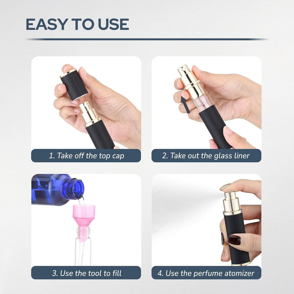 Fusupak Travel Perfume Bottle Refillable - Mini Leather Cologne Atomizer Sprayer Portable - Empty Small Size Fragrance Pump Dispenser Container for Men Women Gifts - Small Refill 10ml 4 PCS
