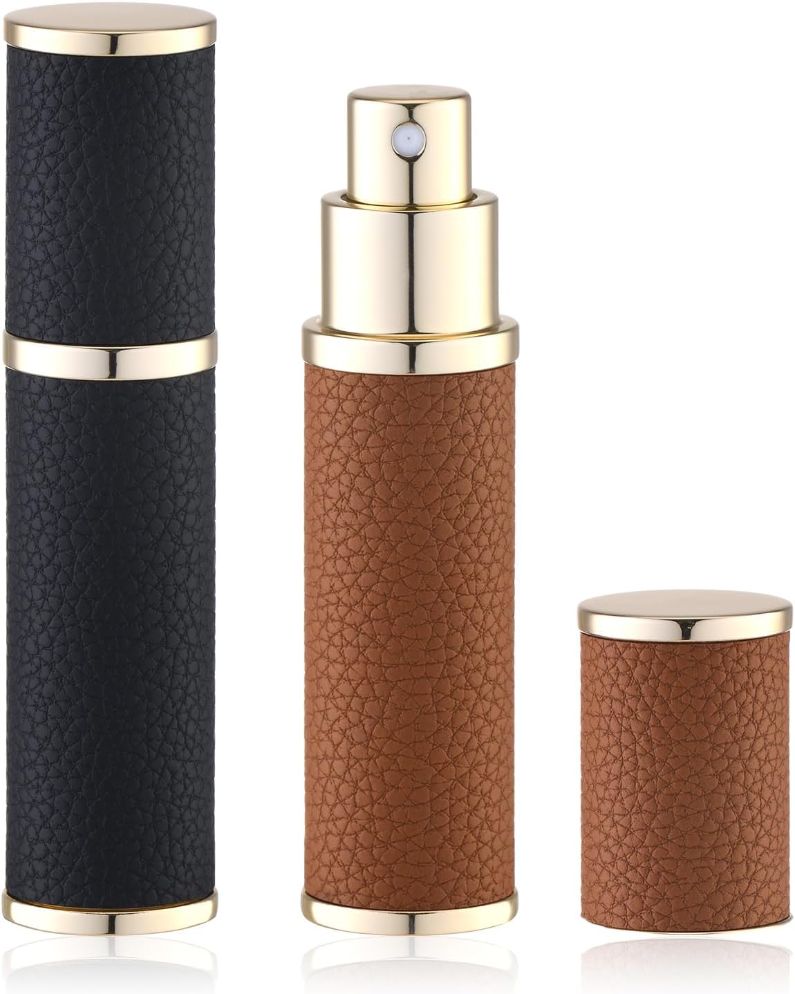 Fusupak Travel Perfume Bottle Refillable - Mini Portable Cologne Atomizer Sprayer - Empty Travel Size Fragrance Pump Dispenser Container for Men - 10ml Black Brown 2PCS Small Leather Refill Sample
