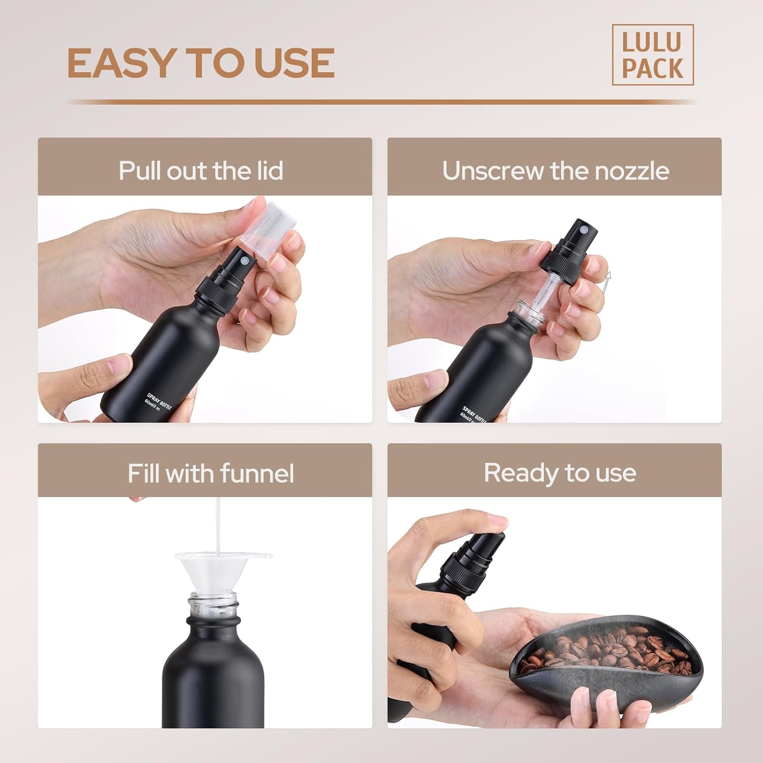 Lulupack Coffee Dosing Cup with 60ml Spray Bottle - Espresso Bean Mister for Water Spritzer - Measuring Scale Cups for Dose Tray - Coffee Accessories Kit for Sprayer Atomizer Glass Black