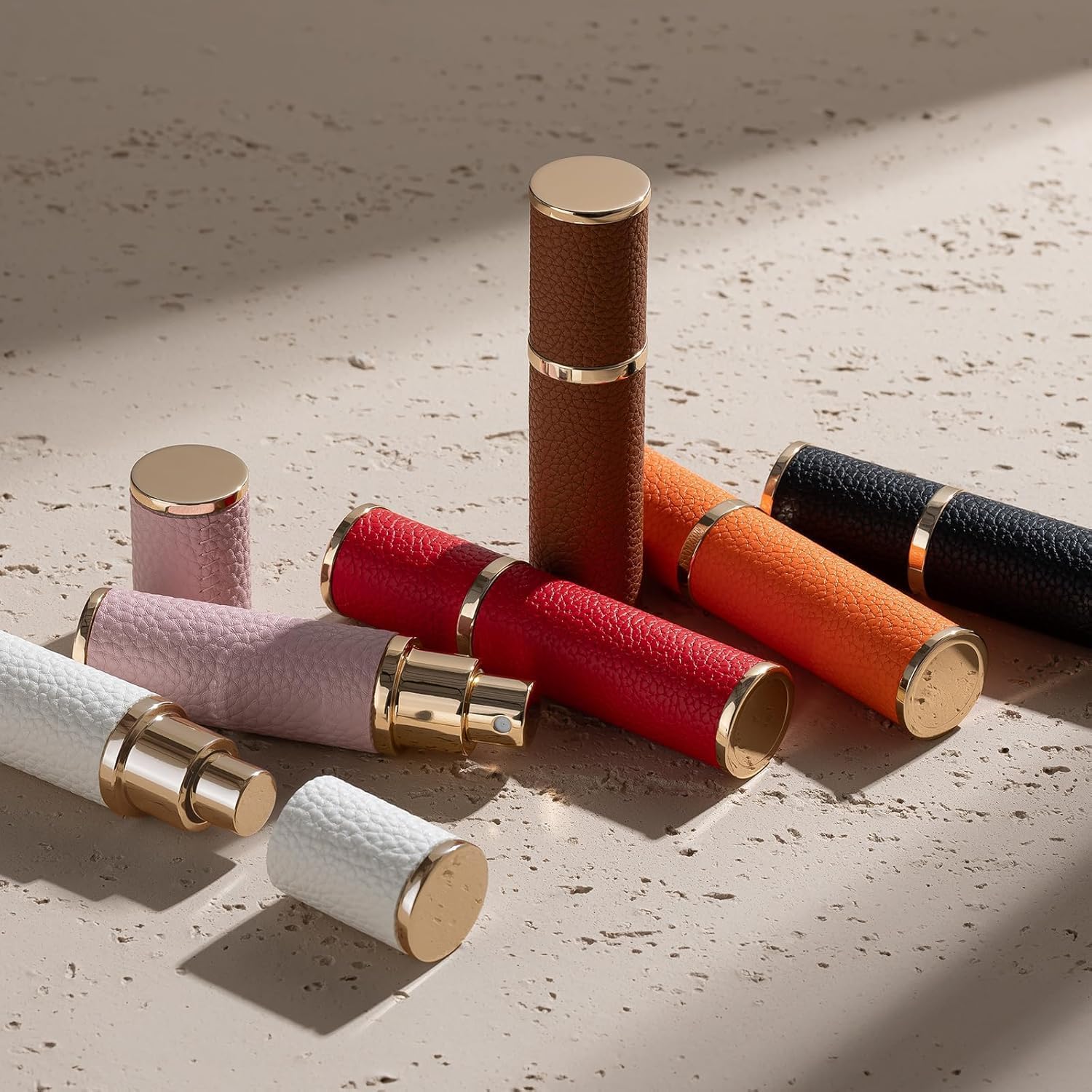 Fusupak Travel Perfume Bottle Refillable - Mini Leather Cologne Atomizer Sprayer Portable - Empty Small Size Fragrance Pump Dispenser Container for Men Women Gifts - Small Refill 10ml 4 PCS