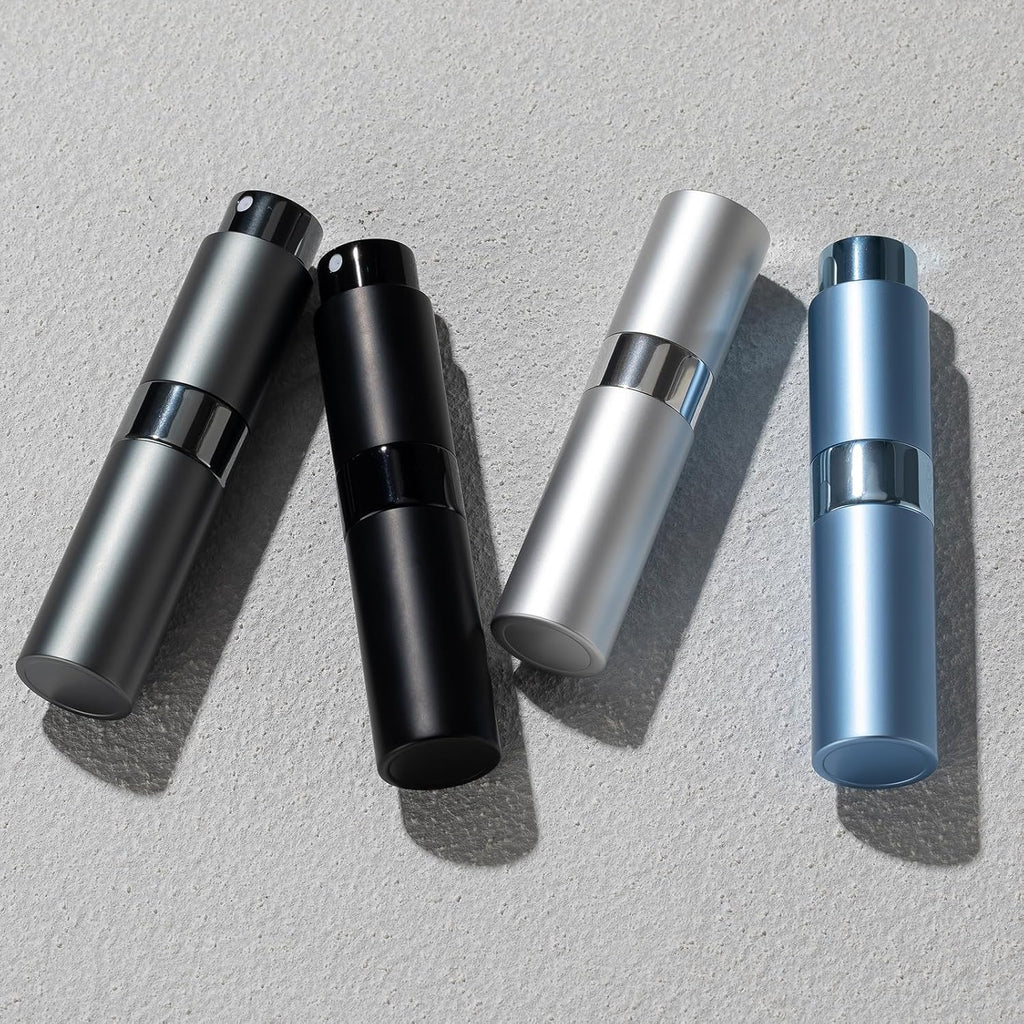 Travel Perfume Atomizer Refillable Bottle: Spray Cologne for Travel size - Small Empty Sprayer Fragrance - 8ml (Black, Blue, Silver, Grey)