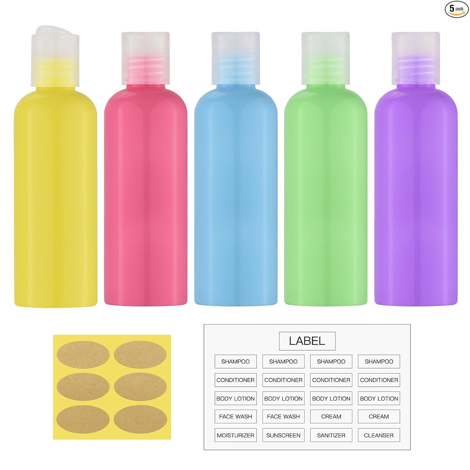 Lulupack 100ml travel bottle lulupack travel bottles for toiletries, 3.4 oz travel size containers, 5pcs, 5color