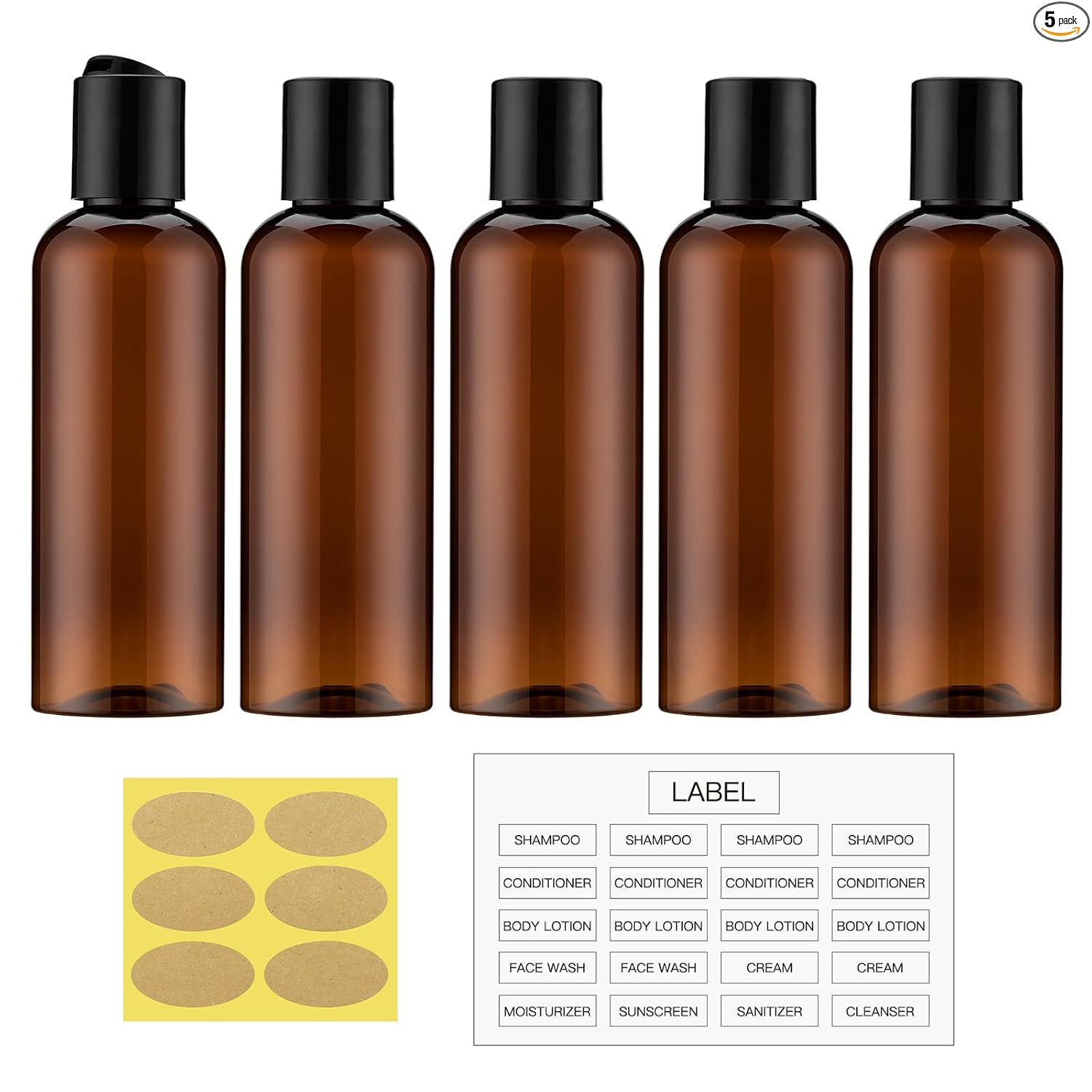 Lulupack 100ml travel bottle lulupack travel bottles for toiletries, 3.4 oz travel size containers, 5pcs, amber